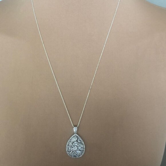 FZN 925 Sterling Silver Necklace w Filigree Teardrop Crystals Pendant 13" long - Picture 4 of 16